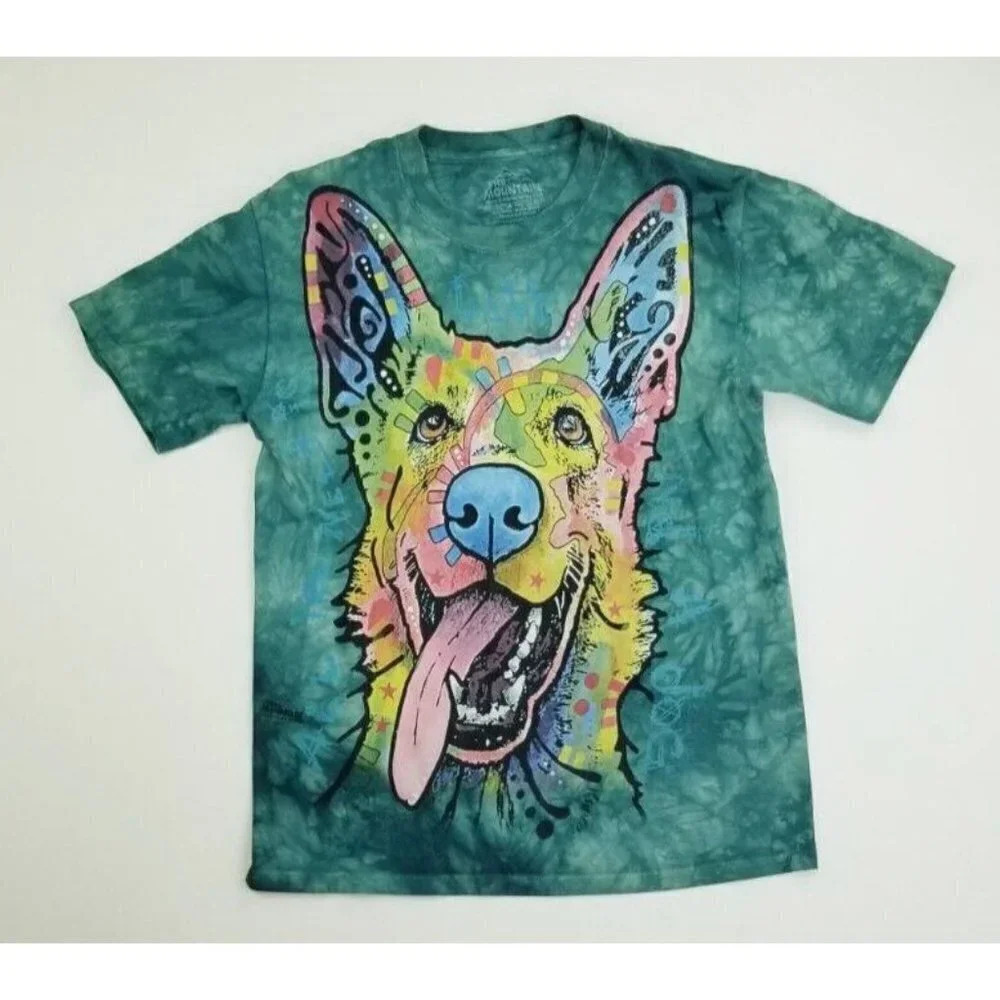 The Mountain Small Mens Green Tie Dye Dog Graphic All You Need is Love and a Dog
